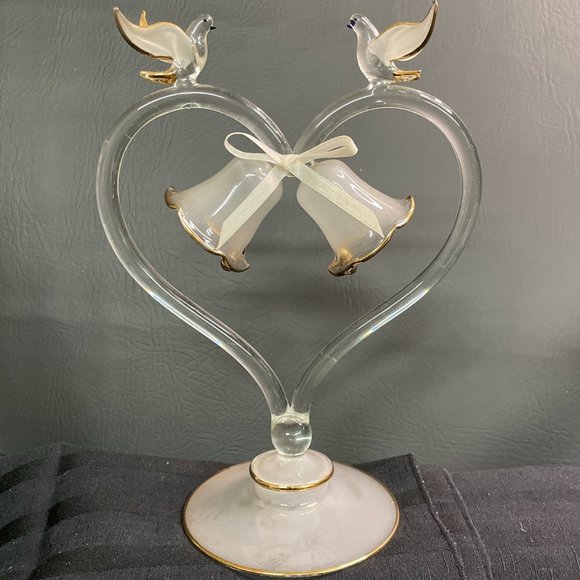 Doves & Wedding Bells Decor Cake top Handblown Glass Sculpture Clear w/Gold Trim - Picture 4 of 8